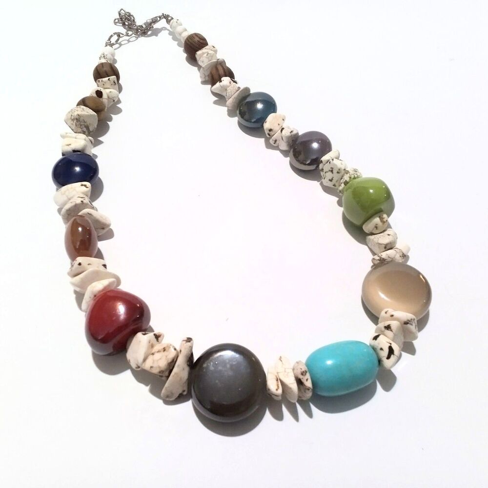 Howlite Chip Multi Colored Ceramic Chunky Bead Necklace Boho Statement 17"